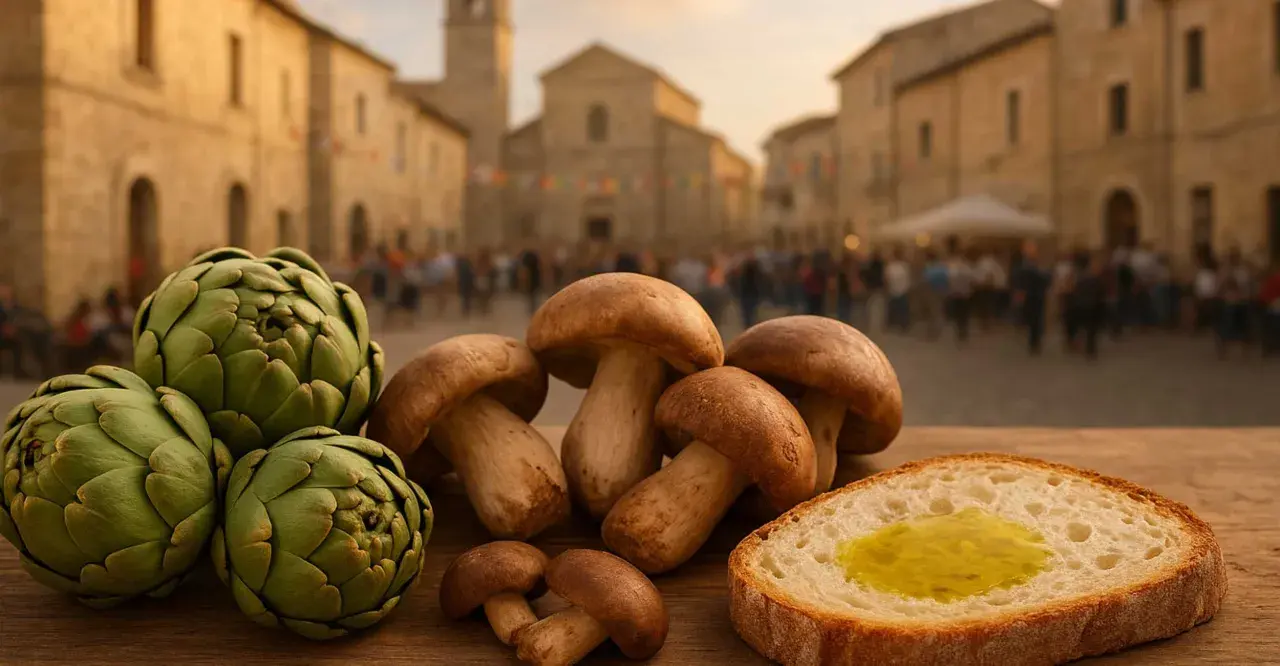 Carciofi, funghi e pane con olio d'oliva su un tavolo di legno, con una piazza di paese festosa sullo sfondo. Perfetto per le feste di novembre!