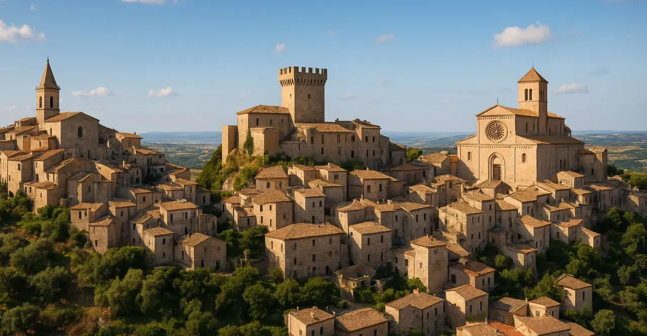 Un borgo arroccato con un castello e una chiesa, circondato da case in pietra e vegetazione. Un esempio di borghi insoliti Puglia.