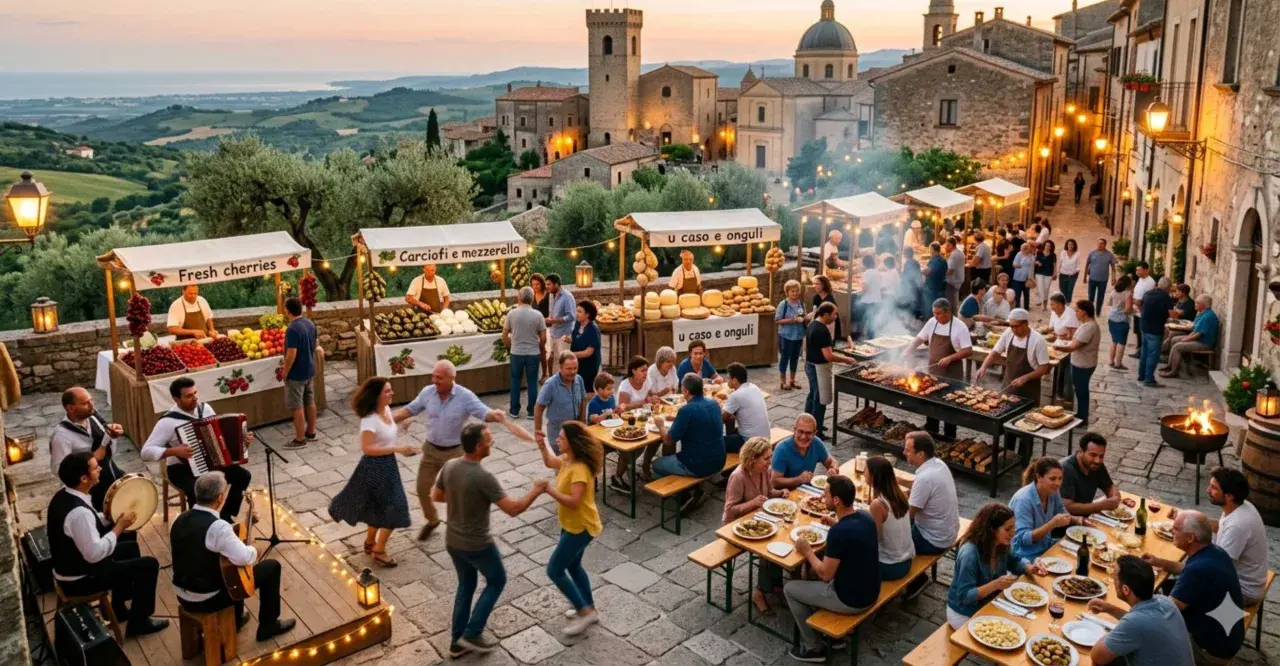 Festa in borgo medievale con musica, balli e bancarelle di prodotti tipici. Un'atmosfera che fa pensare a che feste ci sono a maggio.