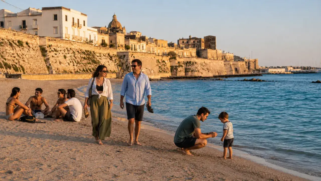 Famiglia passeggia sulla spiaggia di **Salento, Italia**, con un borgo storico sullo sfondo.