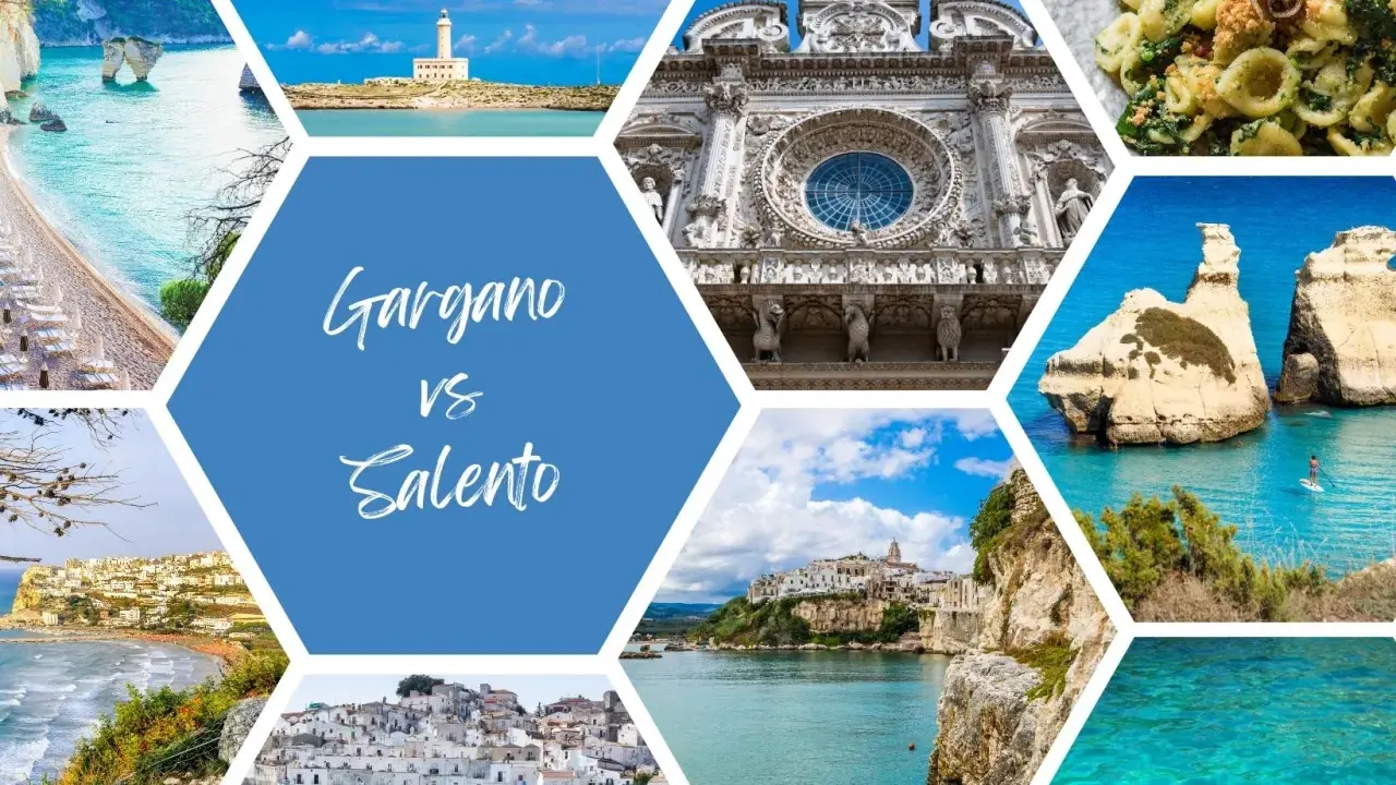 Collage di immagini che mostrano scorci mozzafiato della Puglia, tra cui spiagge, faro, architetture storiche e mare cristallino. Ideale per chi cerca dove andare in vacanza in Puglia.