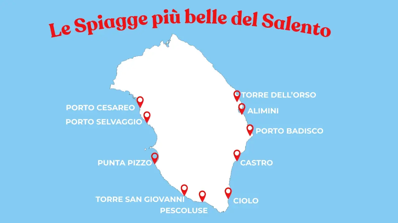 Mappa del Salento con pin che indicano le spiagge più belle, come Torre dell'Orso e Pescoluse, ideali per godersi la sabbia dorata.