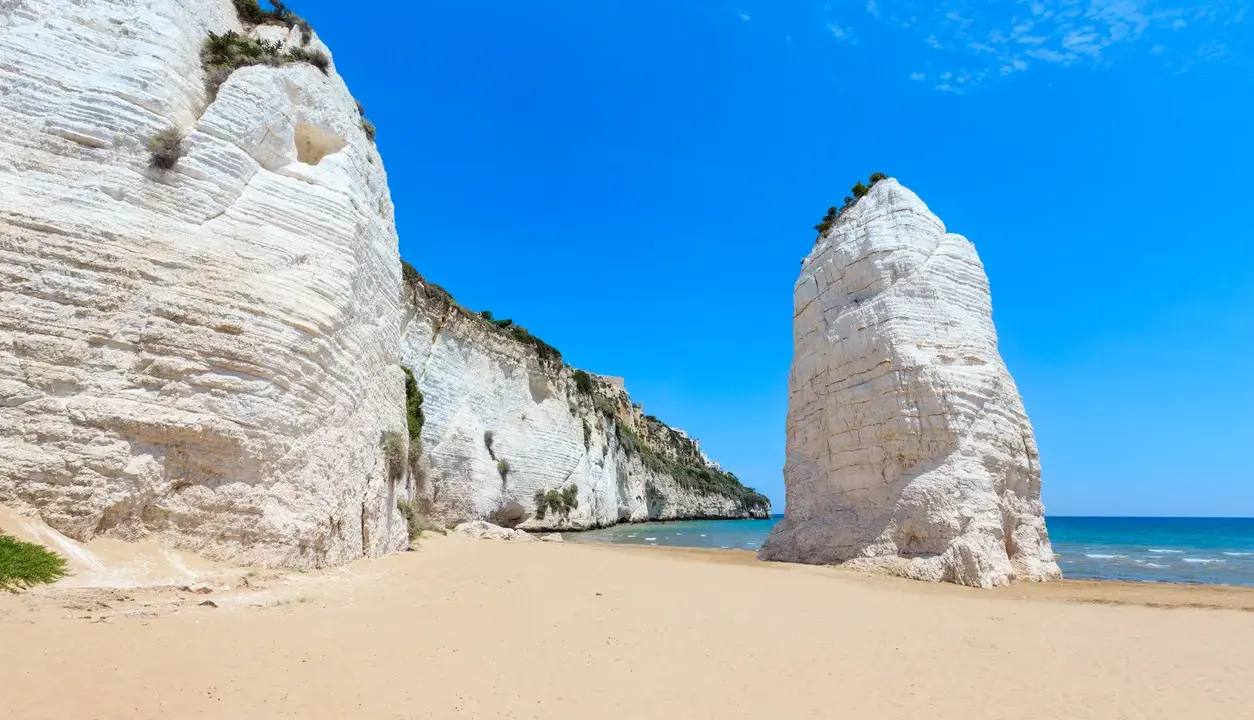 Spiagge sabbiose Puglia: scogliere bianche imponenti si affacciano su un mare azzurro e una distesa dorata.