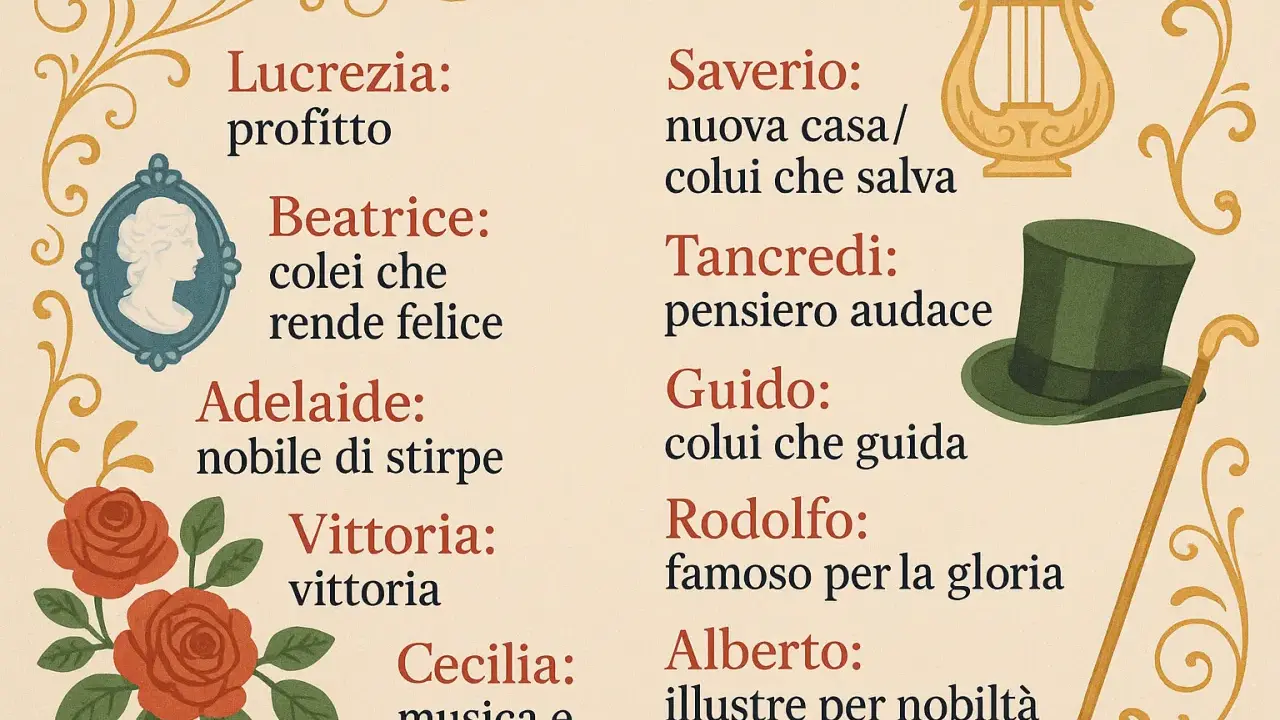 Nomi pugliesi antichi e i loro significati: Lucrezia, Beatrice, Adelaide, Vittoria, Saverio, Tancredi, Guido, Rodolfo, Alberto, Cecilia.