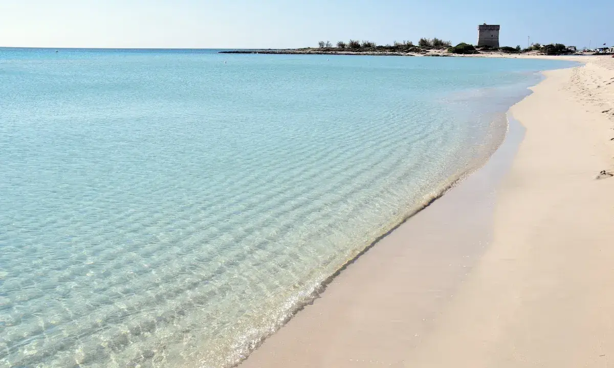 Turquoise water laps a sandy beach with a distant tower.