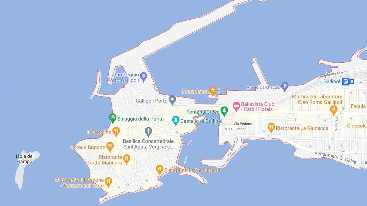 Mappa di Gallipoli Vecchia: vedi il Castello, la Spiaggia della Purità, la Fontana Greca e ristoranti tipici.