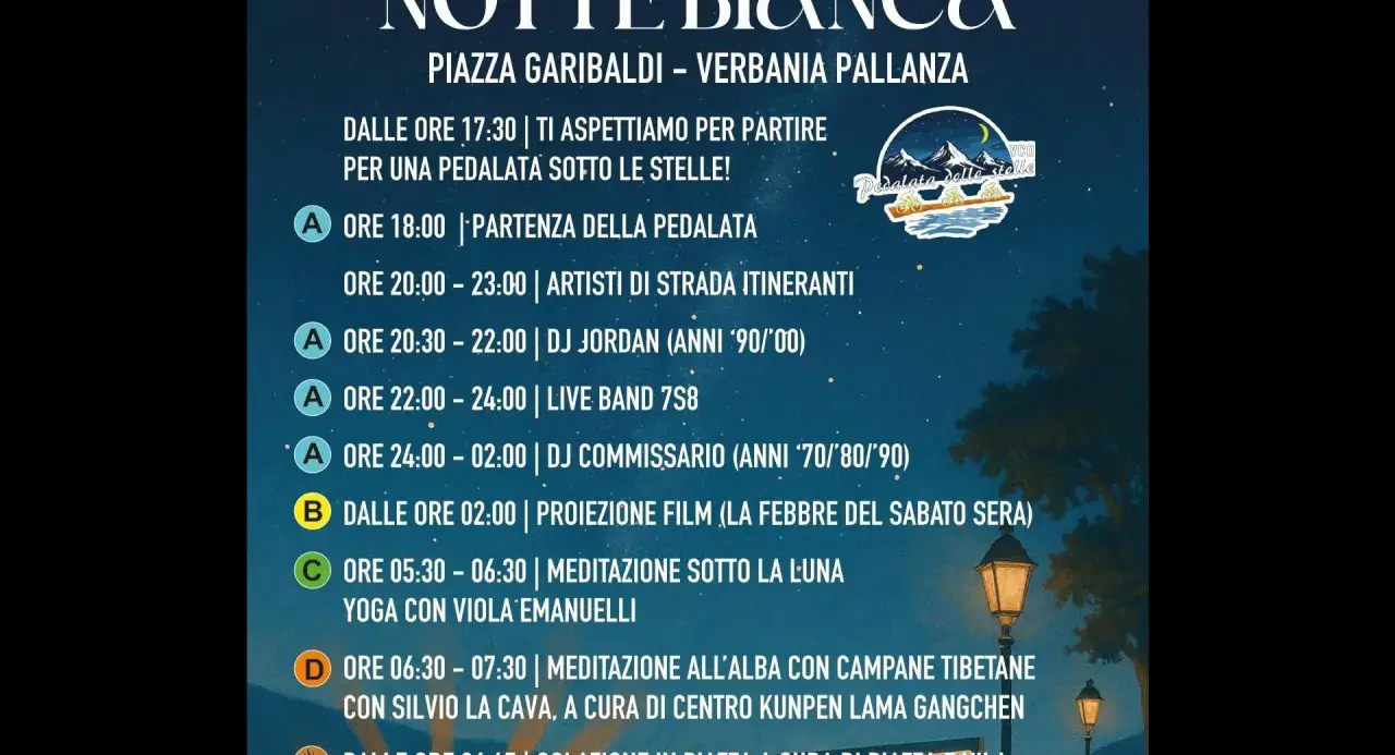 Programma Notte Bianca a Verbania: pedalata sotto le stelle, musica, film e meditazioni all'alba.