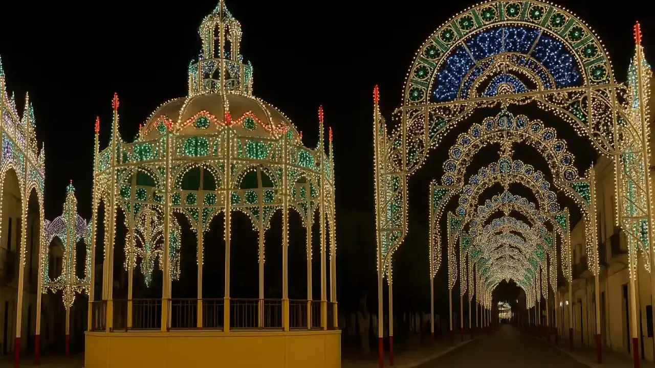 Un gazebo e archi luminosi creano un'atmosfera magica per una festa a diso.