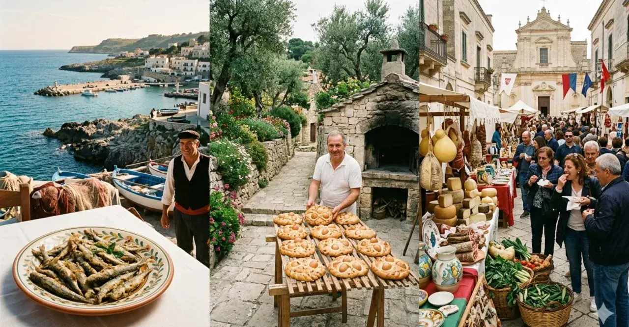 Scene di sagre pugliesi: un pescatore sorridente, pane con uova, salumi, formaggi e verdure fresche in un pittoresco borgo sul mare.