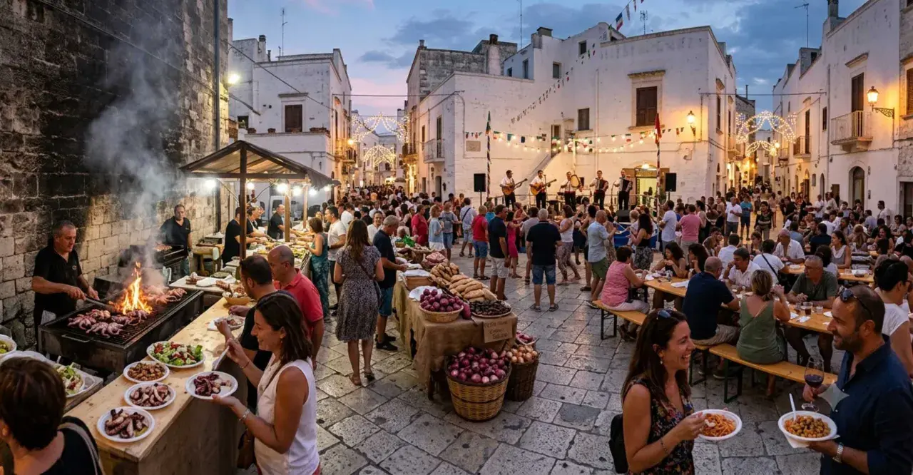 Festa in piazza con musica dal vivo e stand gastronomici, un'atmosfera vibrante che celebra gli eventi Salento.
