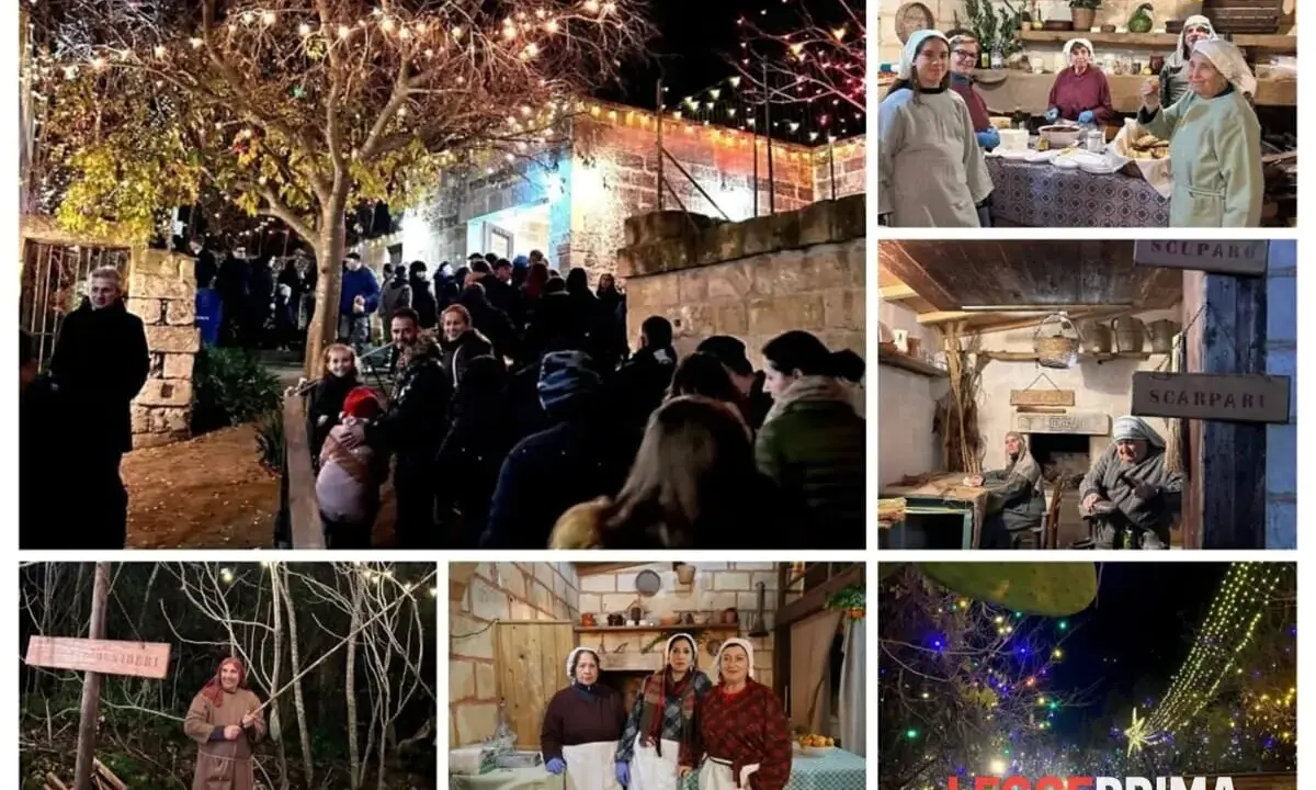 Scene del presepe vivente di San Donato di Lecce: persone in costume, bancarelle e luci natalizie creano un'atmosfera magica.
