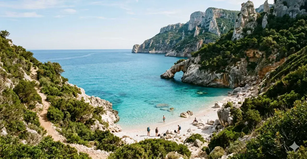 Sentiero panoramico verso una delle splendide calette del Salento, con acqua cristallina e rocce imponenti.