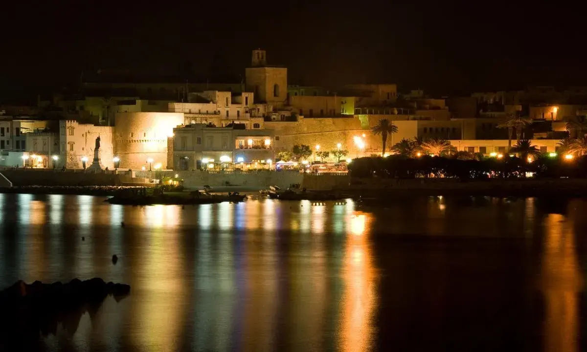 Otranto di notte: luci, castello e riflessi sull'acqua. La città si anima, pronta per le discoteche estive.