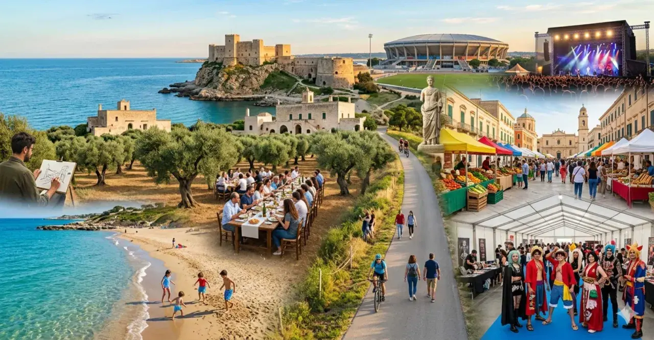 Un artista dipinge un castello sul mare, famiglie cenano all'aperto, bambini giocano in spiaggia, ciclisti passeggiano, mercati colorati e un festival di cosplay. Scopri che feste ci sono ad aprile!
