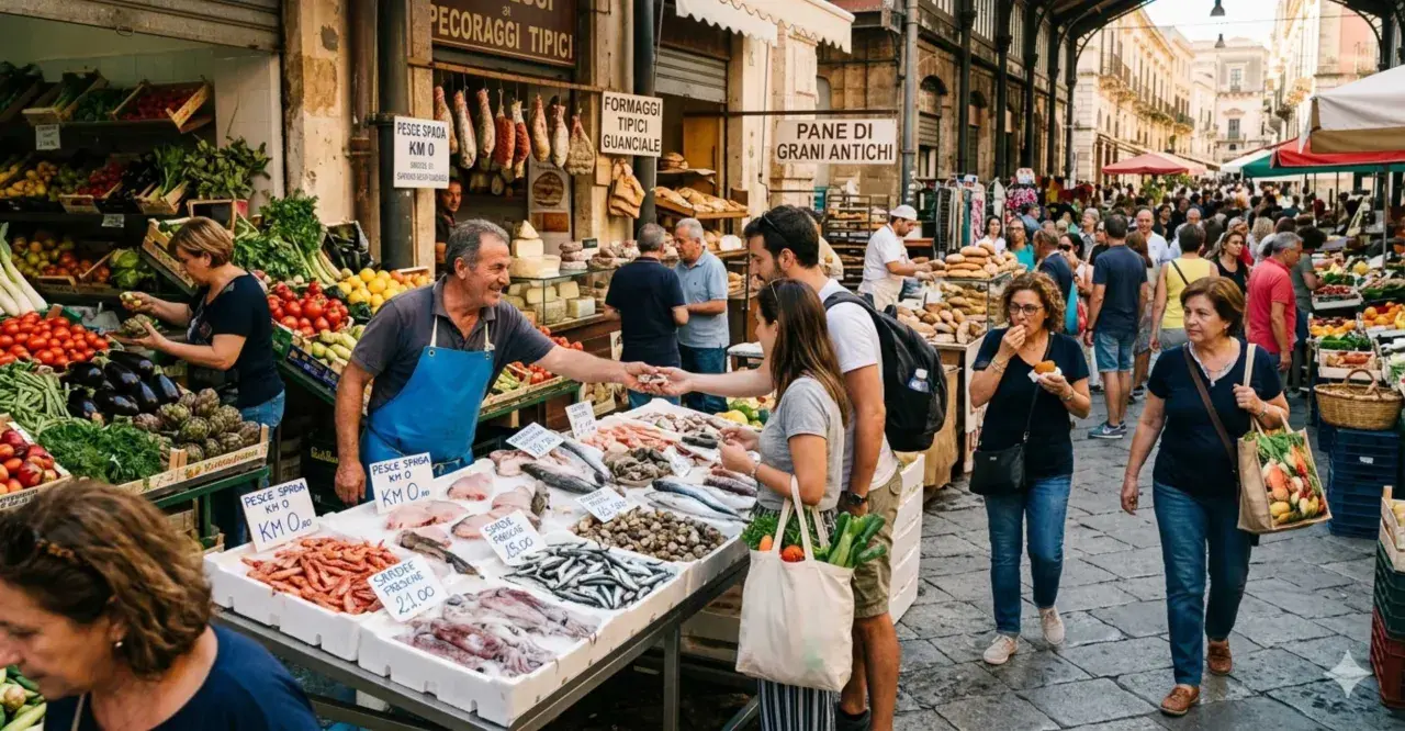 Un vivace mercato all'aperto nel Salento, con bancarelle piene di pesce fresco, verdura e pane. La gente fa acquisti e interagisce con i venditori.