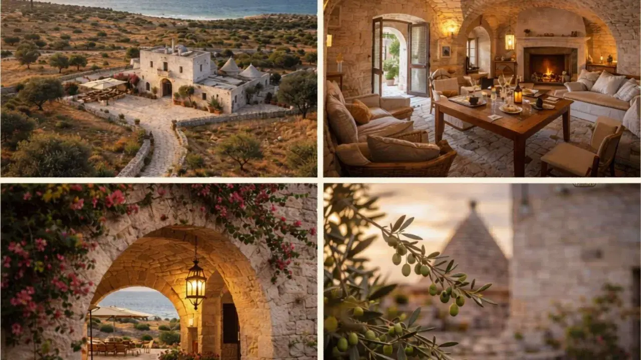 Collage of Salento, Italy: white masseria, cozy interior, stone archway with flowers, and olive branch.