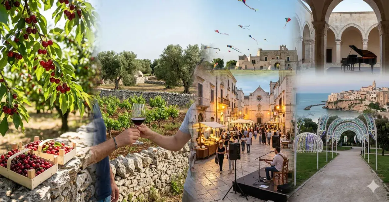 Ciliegie, vino, borghi illuminati e musica: un assaggio delle prossime feste in Italia.