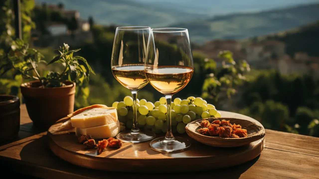 Calici di vino bianco, uva, formaggio e pomodori secchi su un tagliere, con sullo sfondo i vitigni della Puglia.