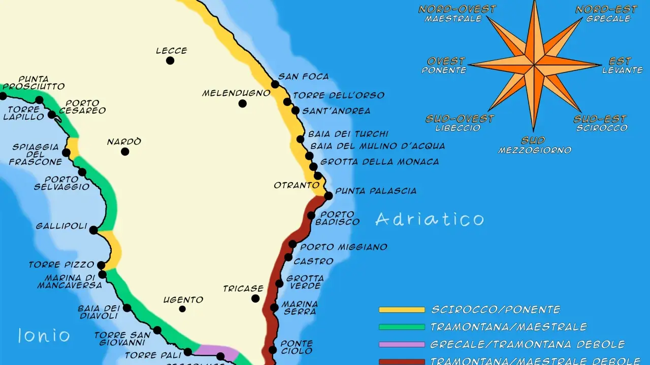Mappa del Salento: da Torre Lapillo a Santa Maria di Leuca, passando per Gallipoli, Otranto e Castro. Marina di Pescoluse si trova sulla costa ionica, a sud di Torre Pali.