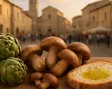 Carciofi, funghi e pane con olio d'oliva su un tavolo di legno, con una piazza di paese festosa sullo sfondo. Perfetto per le feste di novembre!