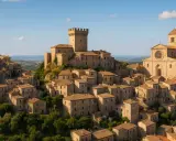 Un borgo arroccato con un castello e una chiesa, circondato da case in pietra e vegetazione. Un esempio di borghi insoliti Puglia.