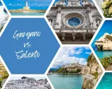 Collage di immagini che mostrano scorci mozzafiato della Puglia, tra cui spiagge, faro, architetture storiche e mare cristallino. Ideale per chi cerca dove andare in vacanza in Puglia.