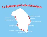 Mappa del Salento con pin che indicano le spiagge più belle, come Torre dell'Orso e Pescoluse, ideali per godersi la sabbia dorata.
