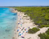 Un tratto di costa con acque cristalline e sabbia dorata, tra le spiagge più belle di Gallipoli. Ombrelloni colorati e bagnanti godono del sole.