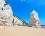 Spiagge sabbiose Puglia: scogliere bianche imponenti si affacciano su un mare azzurro e una distesa dorata.