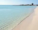 Turquoise water laps a sandy beach with a distant tower.