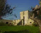 Antica masseria nella pianura salentina, con un torrione in pietra e vegetazione rigogliosa.