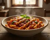 Un piatto fumante di pasta salentina, condita con sugo rosso e basilico fresco, su un tavolo di legno rustico.
