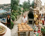 Scene di sagre pugliesi: un pescatore sorridente, pane con uova, salumi, formaggi e verdure fresche in un pittoresco borgo sul mare.