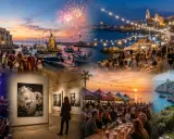 Un collage di immagini che cattura l'essenza delle sagre e feste in Puglia: processioni religiose, fuochi d'artificio sul mare, mercatini serali, concerti e gente che si gode la vita.
