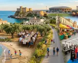 Un artista dipinge un castello sul mare, famiglie cenano all'aperto, bambini giocano in spiaggia, ciclisti passeggiano, mercati colorati e un festival di cosplay. Scopri che feste ci sono ad aprile!