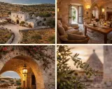 Collage of Salento, Italy: white masseria, cozy interior, stone archway with flowers, and olive branch.