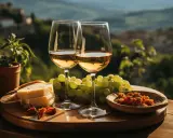 Calici di vino bianco, uva, formaggio e pomodori secchi su un tagliere, con sullo sfondo i vitigni della Puglia.