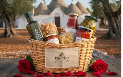 Cesto con prodotti tipici pugliesi: olio, pasta, sughi, olive e peperoncini, con rose rosse e trulli sullo sfondo.