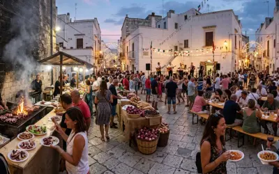 Festa in piazza con musica dal vivo e stand gastronomici, un'atmosfera vibrante che celebra gli eventi Salento.
