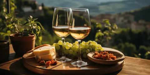 Calici di vino bianco, uva, formaggio e pomodori secchi su un tagliere, con sullo sfondo i vitigni della Puglia.