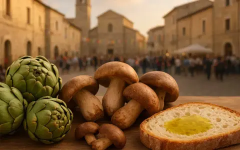 Carciofi, funghi e pane con olio d'oliva su un tavolo di legno, con una piazza di paese festosa sullo sfondo. Perfetto per le feste di novembre!
