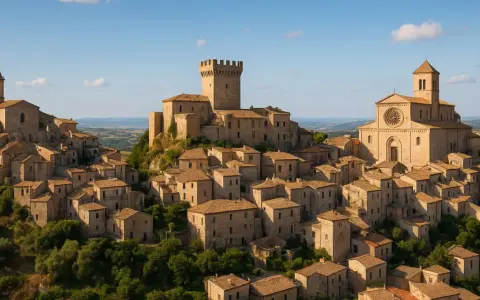 Un borgo arroccato con un castello e una chiesa, circondato da case in pietra e vegetazione. Un esempio di borghi insoliti Puglia.
