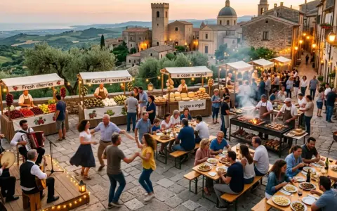 Festa in borgo medievale con musica, balli e bancarelle di prodotti tipici. Un'atmosfera che fa pensare a che feste ci sono a maggio.