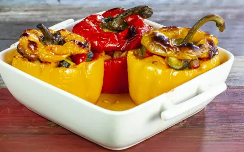 Peperoni ripieni di riso alla salentina, dorati e invitanti, in una teglia bianca su un tavolo di legno.