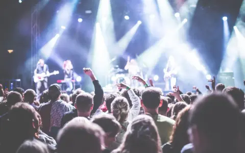 Folla entusiasta a un concerto in Puglia il 1 maggio, con luci intense e musicisti sul palco.