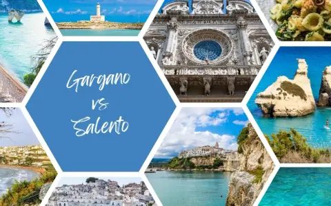 Collage di immagini che mostrano scorci mozzafiato della Puglia, tra cui spiagge, faro, architetture storiche e mare cristallino. Ideale per chi cerca dove andare in vacanza in Puglia.