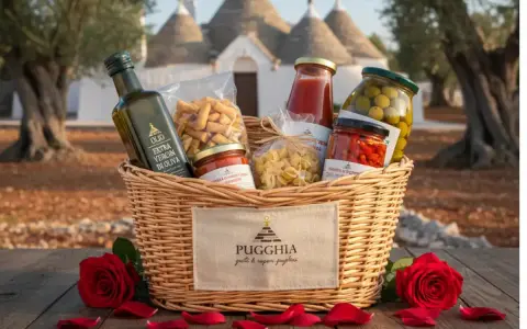 Cesto con prodotti tipici pugliesi: olio, pasta, sughi, olive e peperoncini, con rose rosse e trulli sullo sfondo.