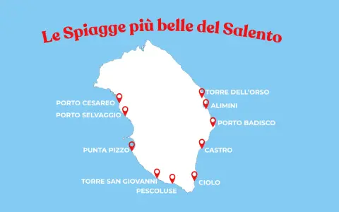 Mappa del Salento con pin che indicano le spiagge più belle, come Torre dell'Orso e Pescoluse, ideali per godersi la sabbia dorata.