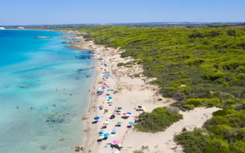 Un tratto di costa con acque cristalline e sabbia dorata, tra le spiagge più belle di Gallipoli. Ombrelloni colorati e bagnanti godono del sole.