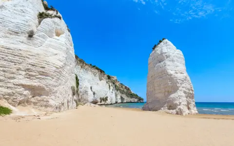 Spiagge sabbiose Puglia: scogliere bianche imponenti si affacciano su un mare azzurro e una distesa dorata.
